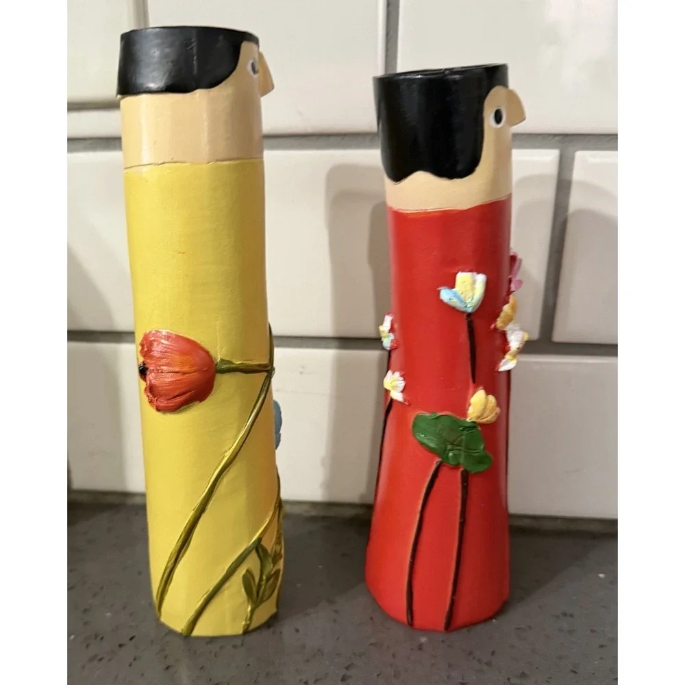 Boho Bud Vases Lot Of 2 Painted Resin Red Yellow Flower Floral